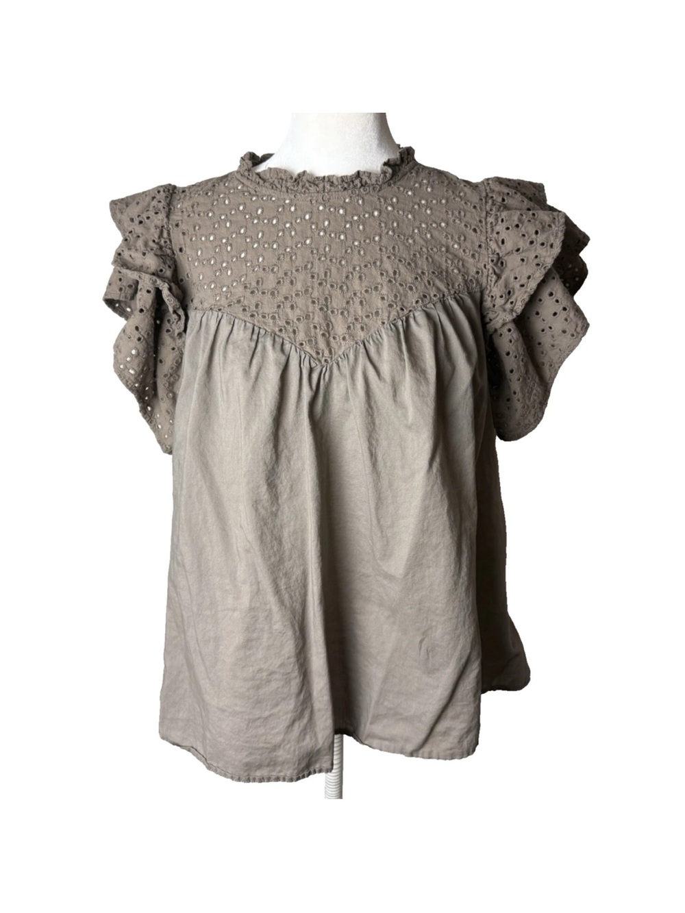 A New Day Blouse Size Medium Top Layered Ruffle Flutter Sleeves Cotton Brown